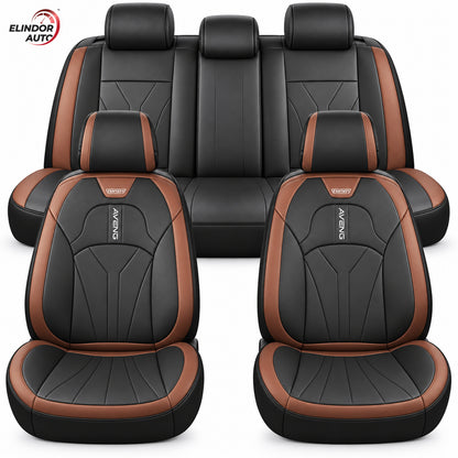 Set 5 Huse Scaune de Masina Elindor®, Huse Auto Piele, Impermeabile, Universale, Protectie Scaun Fata si Spate, Montaj Rapid, Accesorii Masina Interior, Negru / Maro
