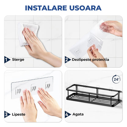 Set 2 Rafturi de Dus Elindor® Polita cu Adeziv, Etajera de Baie, Raft cu Carlige, din Metal, Suport Prosop si Sapun, Organizator Baie sau Etajere Depozitare in Bucatarie, Accesorii, 31.5 x 11 x 6.5 cm, Negru