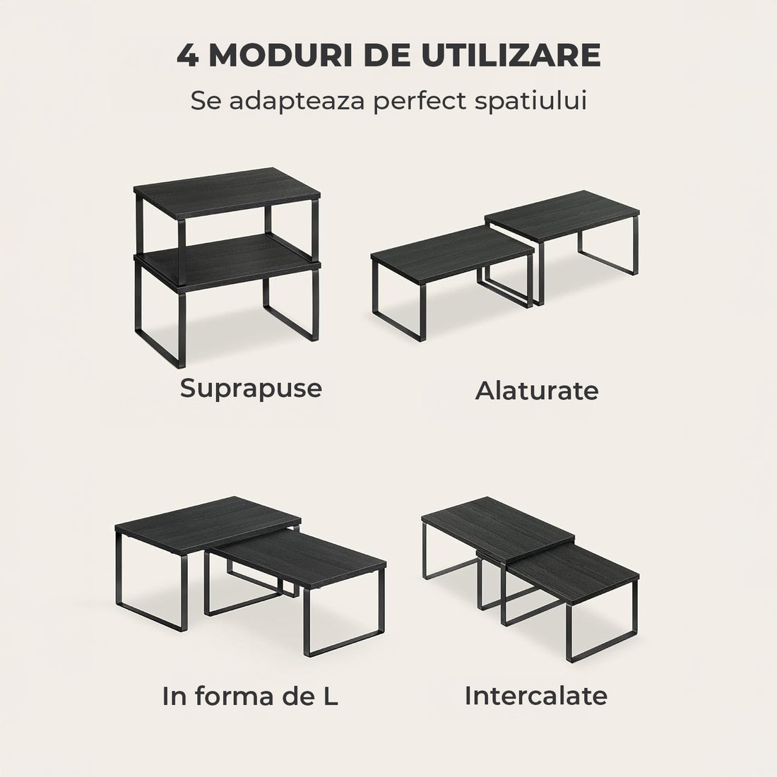 Set 2 Rafturi Elindor® din Bambus, Raft Extensibil si Suprapus pentru Bucatarie, Organizator Metalic Reglabil, Ideal ca Etajera Depozitare in Camara sau Birou, Perfect pentru Condimente, Vesela, Farfurii, Stabil si Compact, Polita pentru Obiecte, Negru