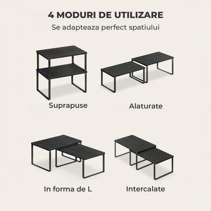 Set 2 Rafturi Elindor® din Bambus, Raft Extensibil si Suprapus pentru Bucatarie, Organizator Metalic Reglabil, Ideal ca Etajera Depozitare in Camara sau Birou, Perfect pentru Condimente, Vesela, Farfurii, Stabil si Compact, Polita pentru Obiecte, Negru