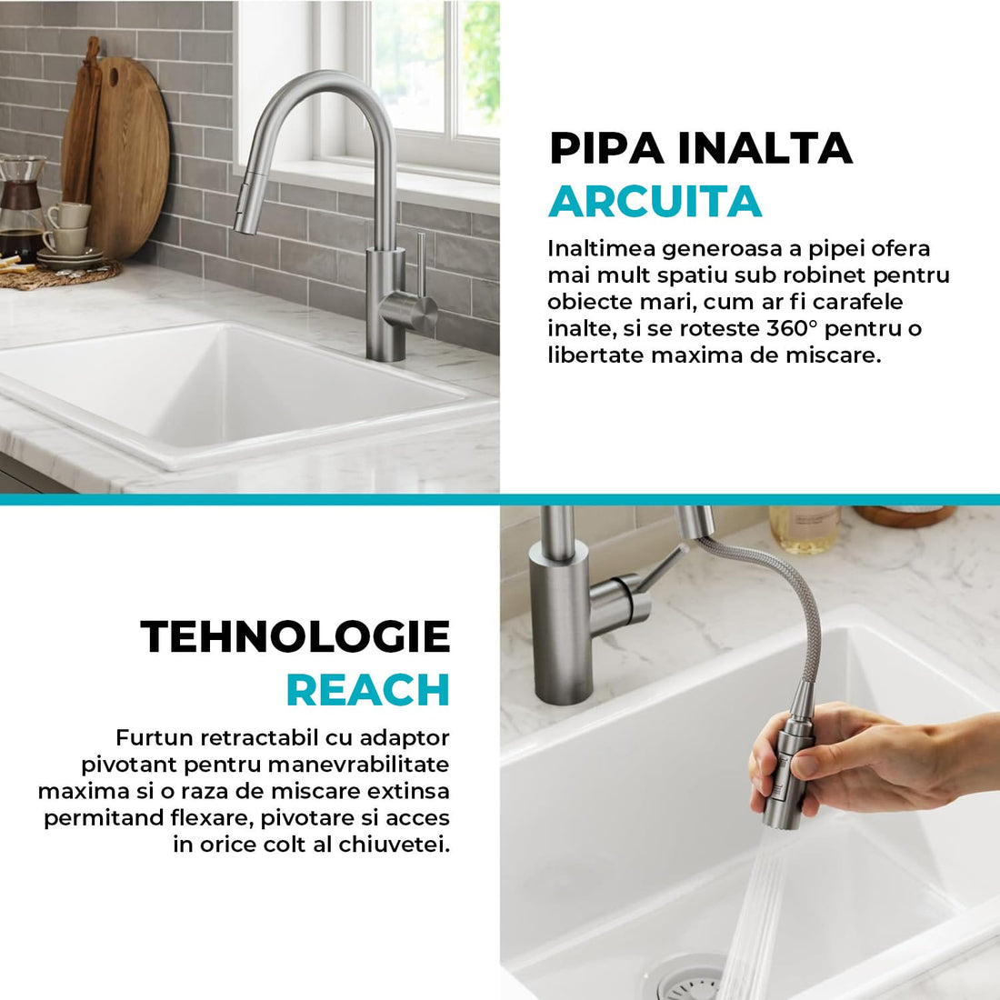 Baterie Bucatarie cu Dus Extractibil Elindor®, Jet Ajustabil, Design Modern, Argintiu