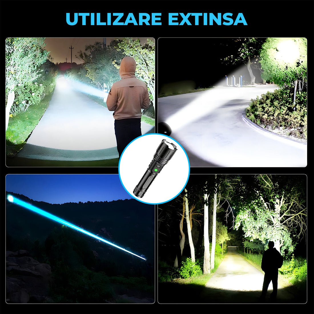 Lanterna LED Neagra Elindor® Profesionala, Extra Luminoasa, 2000 Lumeni, cu Acumulator / Baterie Reincarcabila (USB C), Design Tactic Militar, 5 Moduri, Fascicul cu Zoom, Rezistent la Apa, Multifunctionala, de Vanatoare, Pescuit, Drumetii