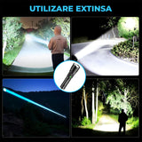 Lanterna LED Neagra Elindor® Profesionala, Extra Luminoasa, 2000 Lumeni, cu Acumulator / Baterie Reincarcabila (USB C), Design Tactic Militar, 5 Moduri, Fascicul cu Zoom, Rezistent la Apa, Multifunctionala, de Vanatoare, Pescuit, Drumetii
