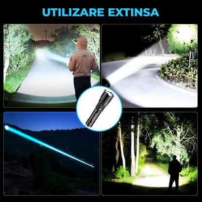 Lanterna LED Neagra Elindor® Profesionala, Extra Luminoasa, 2000 Lumeni, cu Acumulator / Baterie Reincarcabila (USB C), Design Tactic Militar, 5 Moduri, Fascicul cu Zoom, Rezistent la Apa, Multifunctionala, de Vanatoare, Pescuit, Drumetii