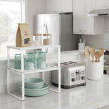 Set 2 Rafturi Elindor® din Bambus, Raft Extensibil si Suprapus pentru Bucatarie, Organizator Metalic Reglabil, Ideal ca Etajera Depozitare in Camara sau Birou, Perfect pentru Condimente, Vesela, Farfurii, Stabil si Compact, Polita pentru Obiecte Diverse,