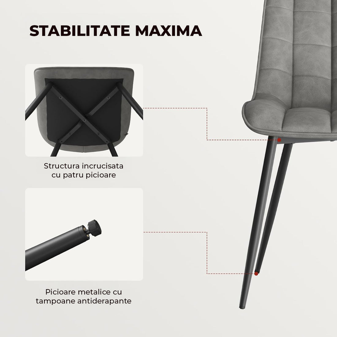 Set 2 Scaune Elindor® Ergonomice, Design Contemporan, Scaun cu Spatar si fara Manere, din Catifea cu Picioare Metalice Negre, Potrivite pentru Living, Bucatarie, Birou, Dormitor, Latime Sezut 46 cm, 85.5 x 45 x 42 cm, Gri