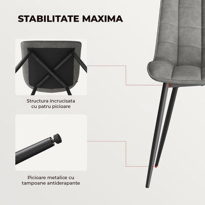 Set 2 Scaune Elindor® Ergonomice, Design Contemporan, Scaun cu Spatar si fara Manere, din Catifea cu Picioare Metalice Negre, Potrivite pentru Living, Bucatarie, Birou, Dormitor, Latime Sezut 46 cm, 85.5 x 45 x 42 cm, Gri