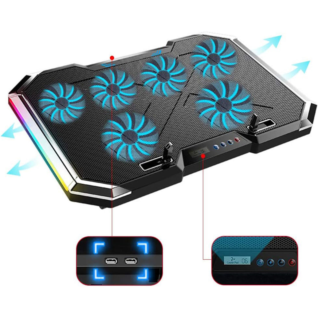 Cooler Laptop Gaming RGB Elindor® Suport cu Unghi Reglabil 7.5-17.5 cm, Dimensiuni Compatabile 15.6-17.3 Inch, 6 Ventilatoare Puternice si Silentioase 20dB cu 6x Viteza Ajustabila, 2 Porturi USB, pentru Birou, Calatorii, 41 x 27 x 3.4 cm, Negru