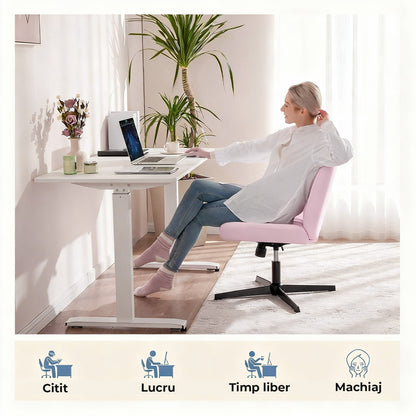 Scaun Birou Ergonomic Elindor® Rotativ 360°, fara Manere, cu Spatar Design Compact, Scaune in Stil Modern fara Roti, Picioare Metalice, Reglaj Balansare, Confortabil, Inaltime Ajustabila, 56 × 67 × 92 cm, Roz