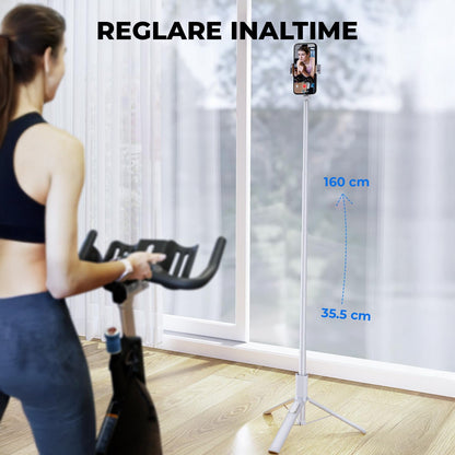 Trepied Foto Telescopic Profesional Elindor® Stativ Telefon 2-in1, cu Telecomanda Bluetooth si Functie Selfie Stick, Compatibil iPhone / Android, Tripod Universal, Suport Durabil si Usor, Unghi Ajustabil 180°, 32-159 cm, pentru Foto / Video, Alb