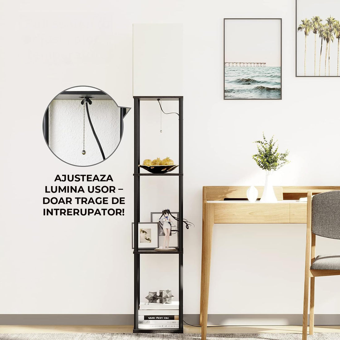 Lampa de Podea Elindor® cu Rafturi si Structura Solida, Abajur Textil si Lumina Reglabila in 3 Trepte de Culoare, Negru