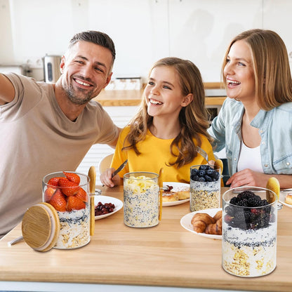 Set 4 Recipiente din Sticla Elindor®, Borcane cu Capac pentru Mic Dejun, Iaurt, Fulgi, Desert, Budinca, Gustari,  470 ml, Dimensiuni 8.5×8.5×12 cm, Transparent