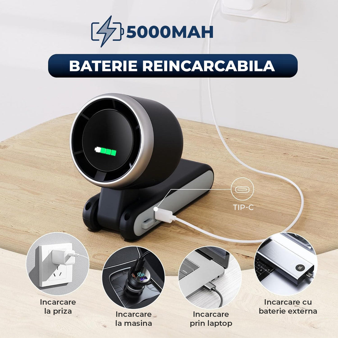 Ventilator Portabil Elindor® Mini Fan Turbo de Mana, 13550 RPM, 5 Trepte de Viteza, Reincarcare USB, Pliabil 180°, Ultra Usor 190 g, pentru Calatorii, Birou, Vara, Negru