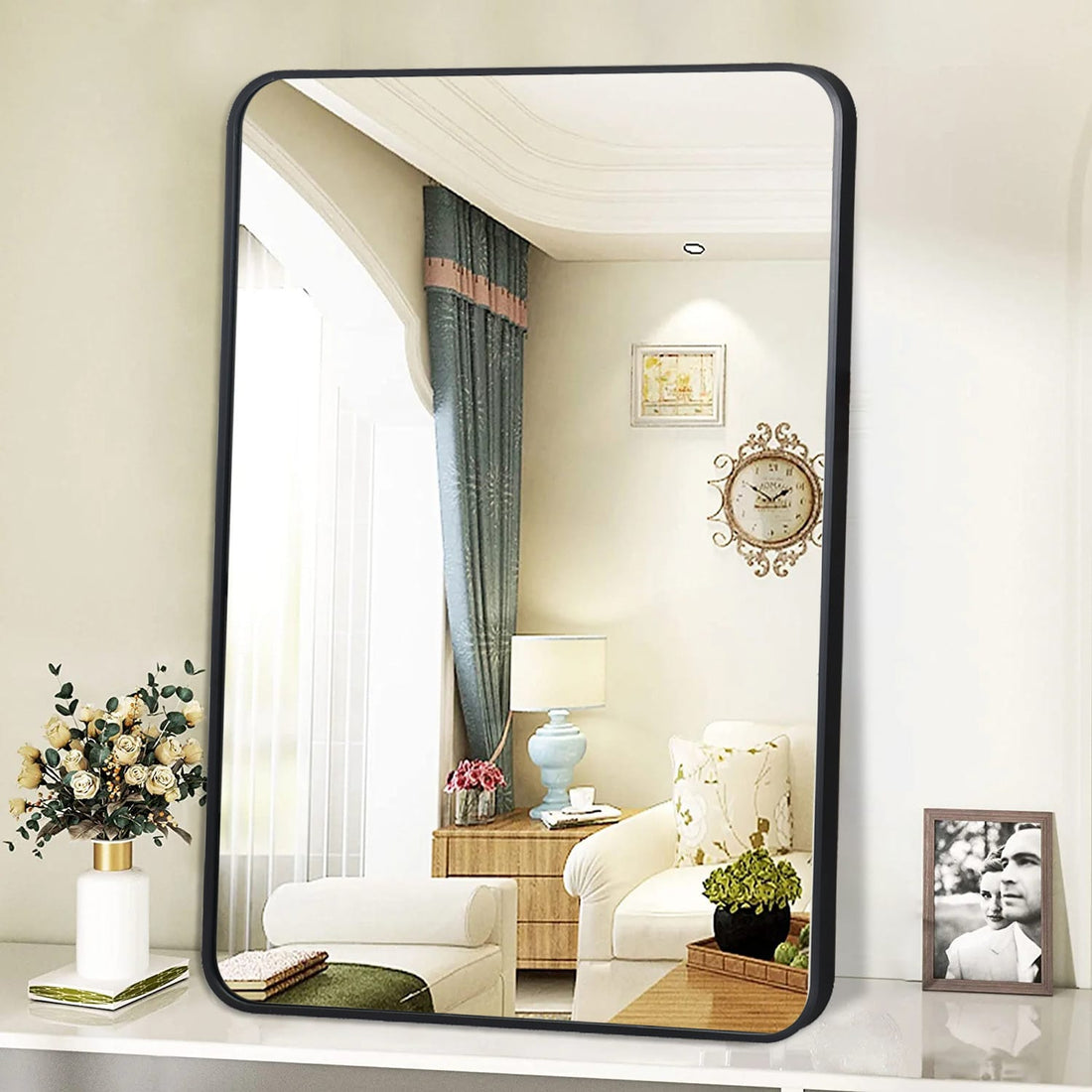 Oglinda Dreptunghiulara Elindor®, Margini Rotunjite, Reflexie HD, Sticla Premium, 75x55 cm, Negru