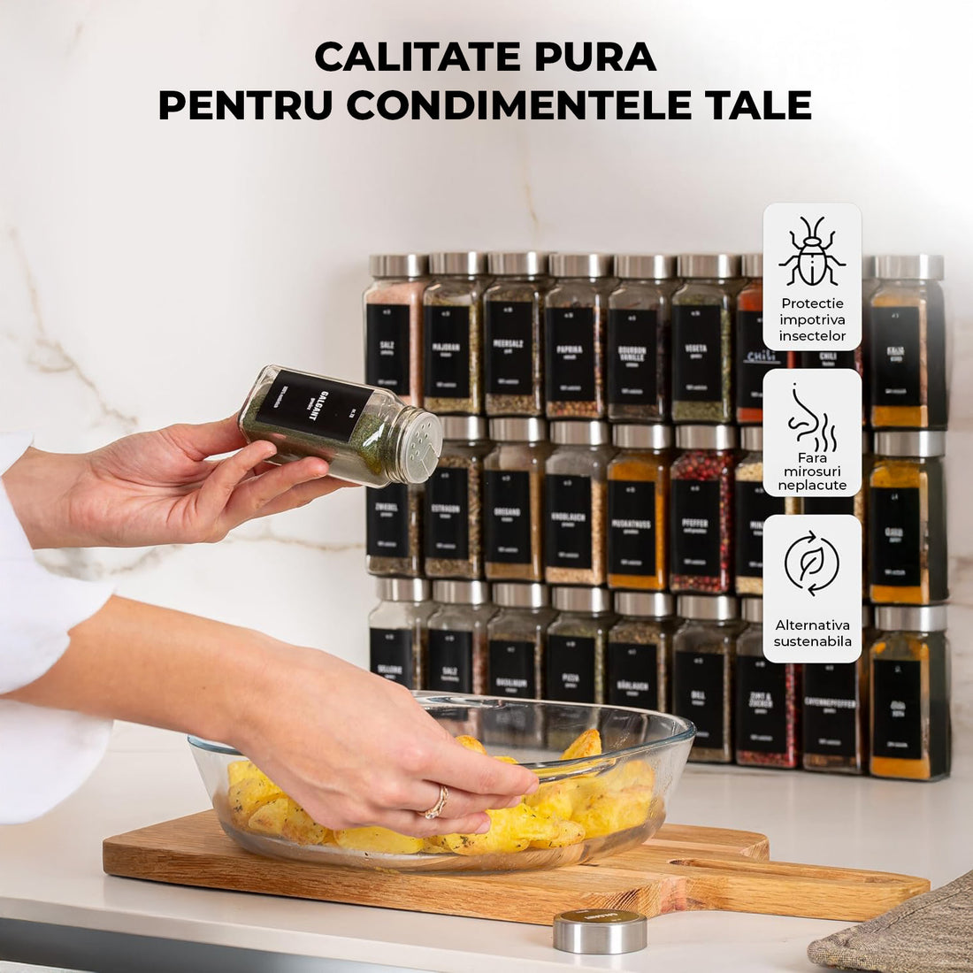 Set 24 Recipiente Condimente Elindor® din Sticla cu Capac Inox, cu Sita, Organizator Bucatarie, Organizatoare Sertar, Borcane 120 ml, 2 Tipuri de Etichete, Palnie din Silicon, Pix Alb Inclus, Perie de Curatare, Accesorii Depozitare