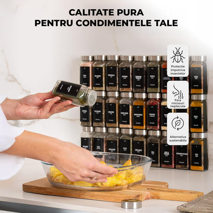 Set 24 Recipiente Condimente Elindor® din Sticla cu Capac Inox, cu Sita, Organizator Bucatarie, Organizatoare Sertar, Borcane 120 ml, 2 Tipuri de Etichete, Palnie din Silicon, Pix Alb Inclus, Perie de Curatare, Accesorii Depozitare