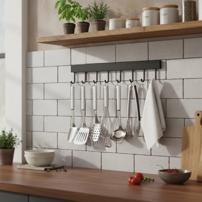 Suport de Perete Elindor® pentru Ustensile de Bucatarie, cu 8 Carlige, Lipire cu Adeziv, fara Gauri, Depozitare Tacamuri, Suport Metalic, Accesorii Organizare, Economisire Spatiu, Organizator de 40 x 3.5 cm, Negru
