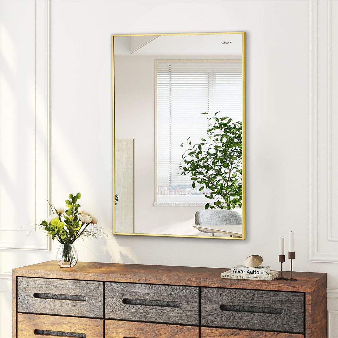 Oglinda Dreptunghiulara Elindor®, 55x75 cm, Sticla Fara Distorsiuni, Usor de Instalatat, Auriu