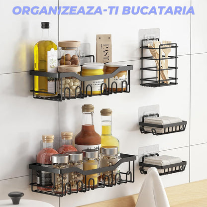 Set 5 Etajere Rafturi Pentru Baie Elindor® Fara Gaurire, Otel Inoxidabil, Fixare Adeziva, Negru