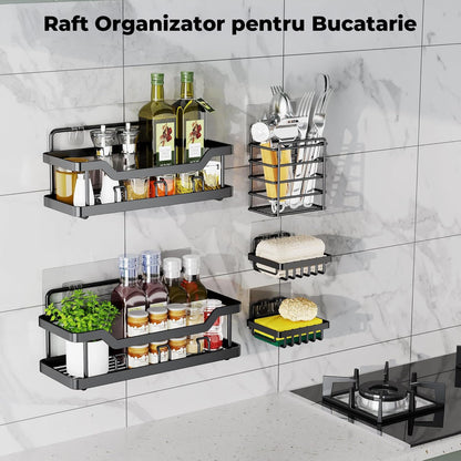 Set 5 Etajere Autoadezive Elindor® Rfturi de Dus, Otel Carbon, Fixare Fara Gauri, Negru