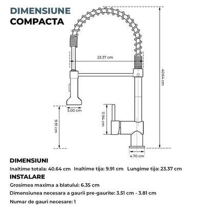 Baterie Bucatarie Elindor®, Robinet Profesional cu Pipa Flexibila, Cap de Dus cu 2 Functii, Jet Reglabil, Montaj Simplu, Rezistenta La Coroziune, Otel Inoxidabil, Chrom