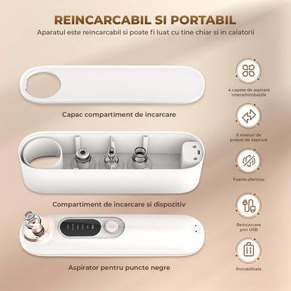 Aspirator Puncte Negre Elindor® 5 Trepte de Aspirare si Extractie pentru Fata, 4 Capete de Schimb, Tehnologie Vacuum pentru Ingrijire Ten, Extractor Sebum si Cosuri, Aparat Reincarcabil USB pentru Ingrijirea Tenului, Alb
