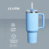 Cana Termos Elindor® din Otel Inoxidabil, 1200 ml, Izolatie Termica cu Pereti Dubli, cu Capac si Pai Reutilizabil, Rezistenta la Scurgeri, Ideala pentru Apa, Ceai, Cafea sau Smoothie, Utilizare in Masina Suport Auto, Albastru Deschis