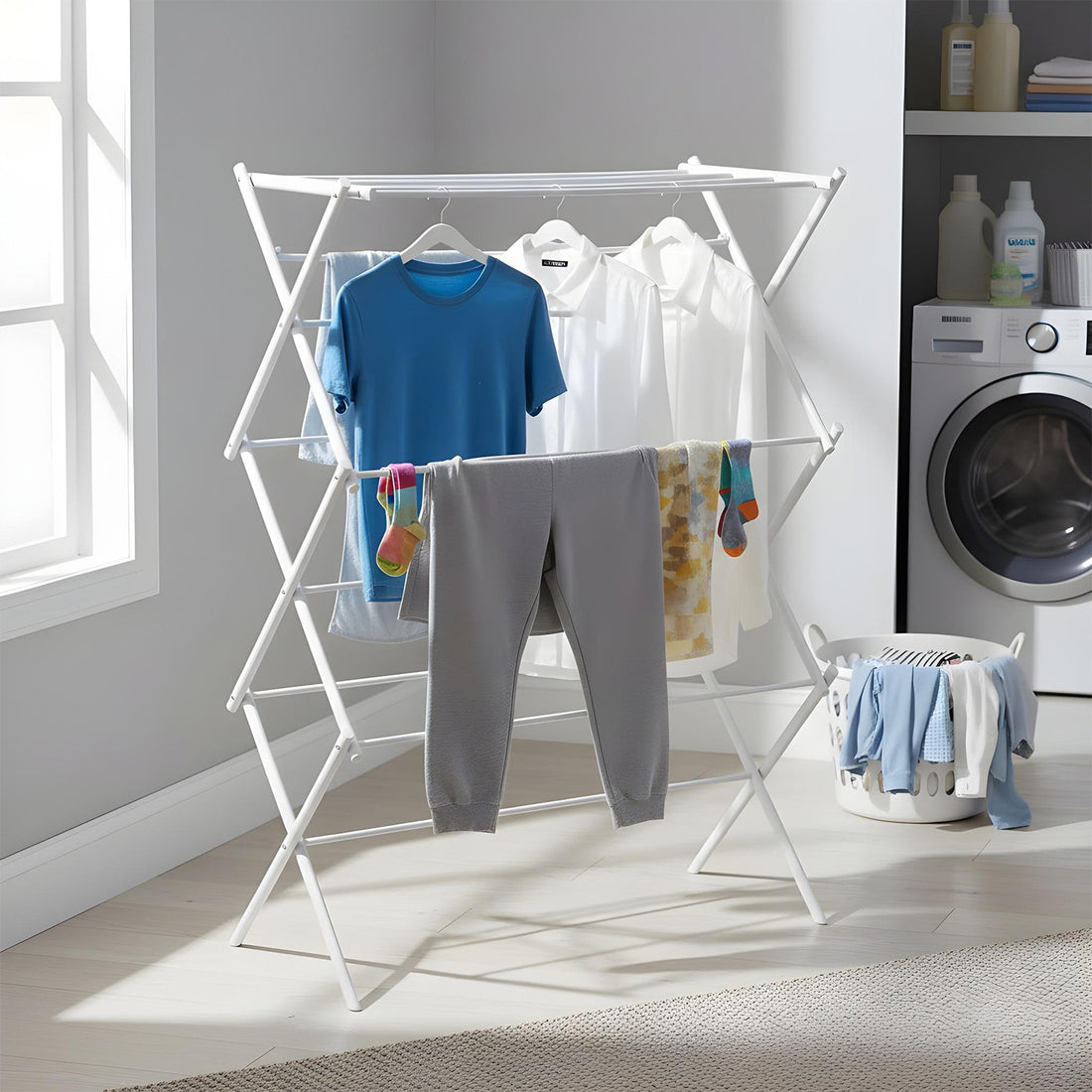 Uscator Vertical Elindor® pentru Rufe haine 6 Nivele, Pliabil, 11 Bare pentru Uscare Haine, Suport Fix, Economie de Spatiu, Ideal pentru Interior, Greutate Maxima Suportata 14.5 kg, 37 × 75 × 106 cm, Alb