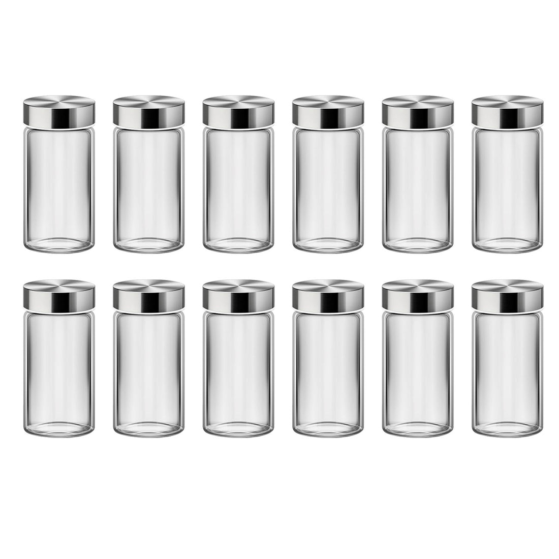Set 12 Recipiente Condimente Elindor® din Sticla cu Capac Inox, cu Sita, Organizator Bucatarie, Organizatoare Sertar, Borcane 100 ml, 2 Tipuri de Etichete Albe si Negre, Palnie din Silicon, 2x Pix Inclus, Perie de Curatare, Accesorii Depozitare