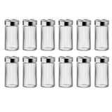 Set 12 Recipiente Condimente Elindor® din Sticla cu Capac Inox, cu Sita, Organizator Bucatarie, Organizatoare Sertar, Borcane 100 ml, 2 Tipuri de Etichete Albe si Negre, Palnie din Silicon, 2x Pix Inclus, Perie de Curatare, Accesorii Depozitare