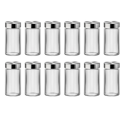 Set 12 Recipiente Condimente Elindor® din Sticla cu Capac Inox, cu Sita, Organizator Bucatarie, Organizatoare Sertar, Borcane 100 ml, 2 Tipuri de Etichete Albe si Negre, Palnie din Silicon, 2x Pix Inclus, Perie de Curatare, Accesorii Depozitare