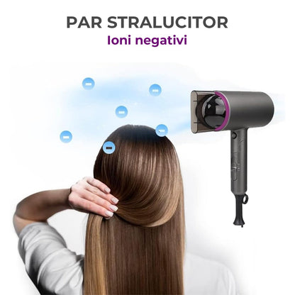 Uscator de Par Elindor®, 1800W, Tehnologie cu Ioni Negativi, 3 Trepte de Temperatura si Viteza, Jet de Aer Rece, 3 Duze pentru Coafare, Design Compact si Pliabil, Negru/Mov