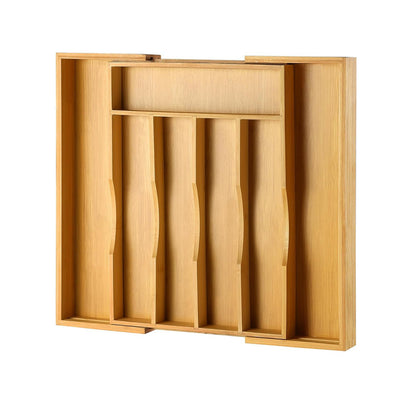Organizator Extensibil Elindor® din Bambus, pentru Depozitare Tacamuri si Ustensile de Bucatarie, Furculite, Linguri, Cutite, 7 Compartimente, Sertar 25.5-39.4 cm, Suport Ajustabil, Separator Sertare Spatios, Accesorii Organizare
