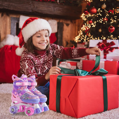 Role Reglabile Elindor® pentru Copii, Fete si Baieti, 4 Roti cu Lumini Quad, Ajutatoare, Rotile din Silicon, Rulmenti ABEC-7, Aluminiu / Poliuretan, Marimea S, 28-31, Model Unicorn, Mov