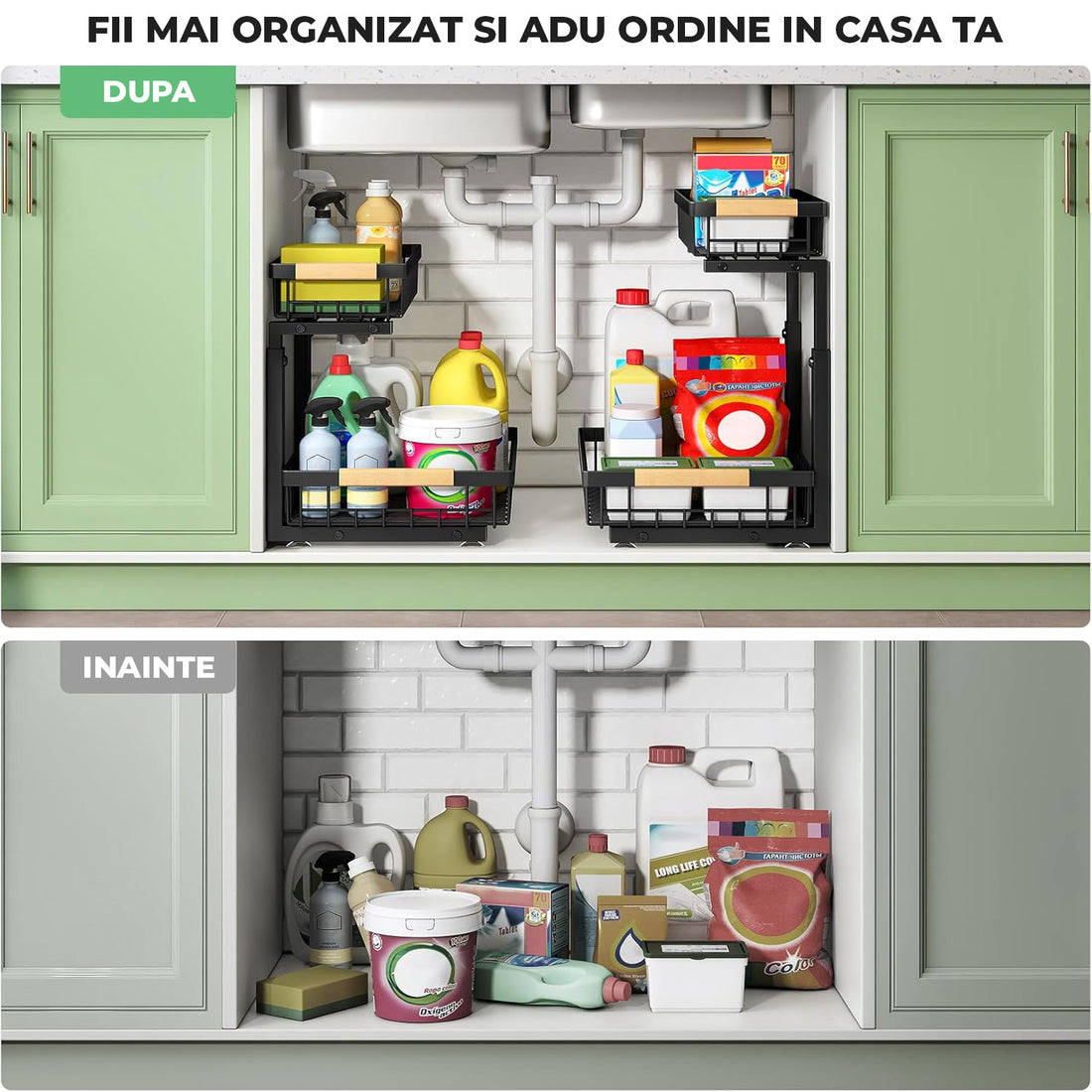 Organizator Multifunctional Elindor® pe 2 Nivele, 2x Sertar Glisant, Montat pe Blat sau in Dulap sub Chiuveta, Suport Metalic Organizare, pentru Bucatarie, Baie, Camara, Bar, Raft cu Sertare Depozitare Legume, Detergenti, Parfumuri, 40×30×43 cm, Negru