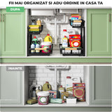 Organizator Multifunctional Elindor® pe 2 Nivele, 2x Sertar Glisant, Montat pe Blat sau in Dulap sub Chiuveta, Suport Metalic Organizare, pentru Bucatarie, Baie, Camara, Bar, Raft cu Sertare Depozitare Legume, Detergenti, Parfumuri, 40×30×43 cm, Negru