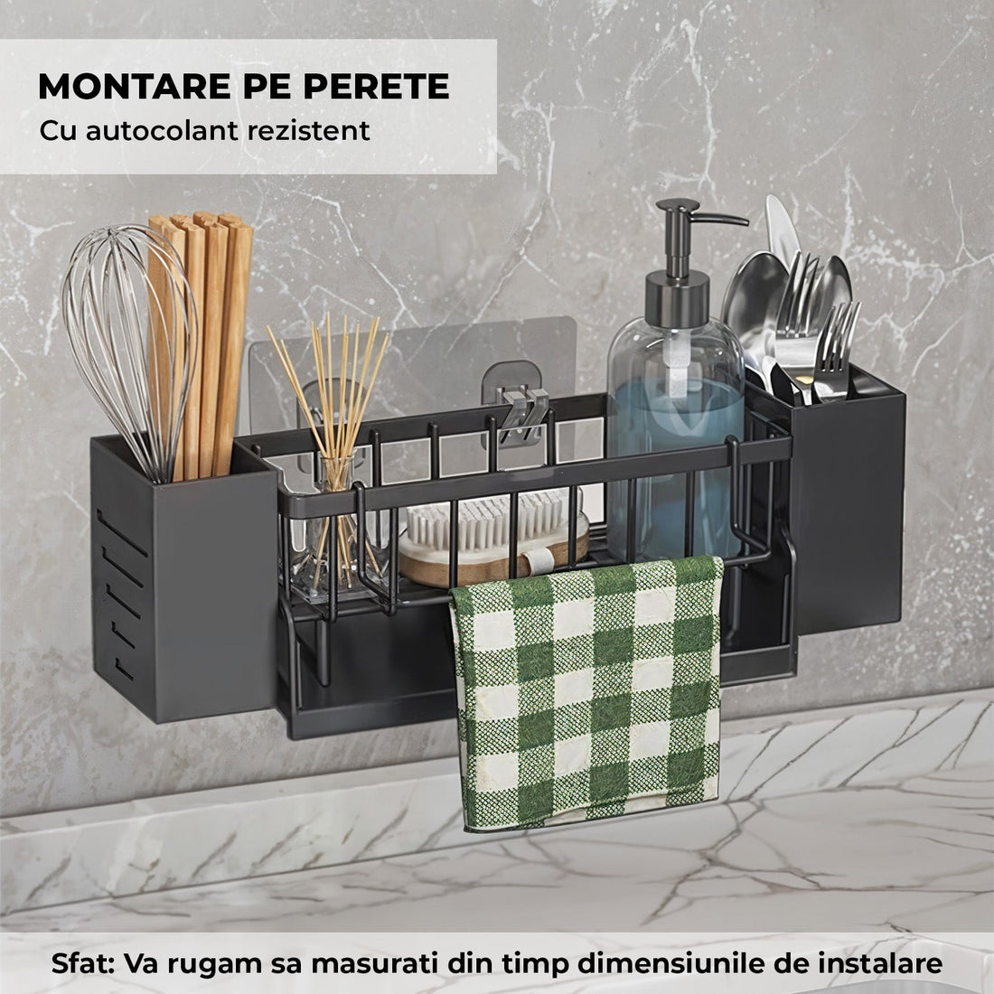 Scurgere Tacamuri cu Scurgere Automata Elindor®, Suport pentru Chiuveta, Bureti, Perii, Lavete, Detergent, Sticle, Cutii Inox, Cu Suport Prosop, Montaj Pe Blat Sau Perete, Metal Durabil 30,5×9×11 cm, Negru