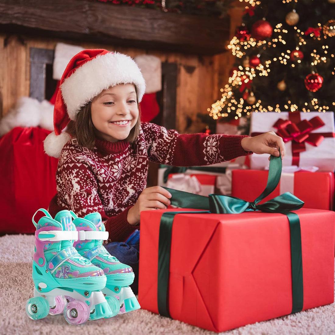 Role Reglabile Elindor® pentru Copii, Fete si Baieti, 4 Roti cu Lumini Quad, Ajutatoare, Rotile din Silicon, Rulmenti ABEC-7, Aluminiu / Poliuretan, Marimea S, 28-31, Model Unicorn, Verde