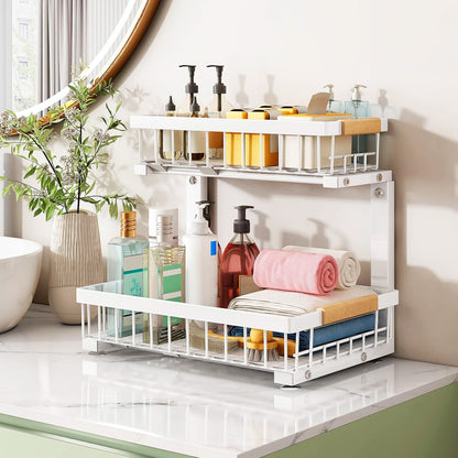 Organizator Multifunctional Elindor® pe 2 Nivele, 2x Sertar Glisant, Montat pe Blat sau in Dulap sub Chiuveta, Suport Metalic Organizare, pentru Bucatarie, Baie, Camara, Bar, Raft cu Sertare Depozitare Legume, Detergenti, Parfumuri, 40.×30×43 cm, Alb