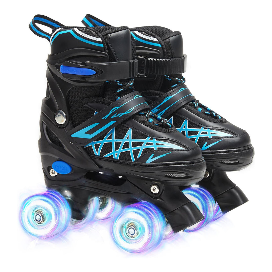 Role Reglabile Elindor® pentru Copii, Fete si Baieti, 4 Roti cu Lumini Quad, Ajutatoare, Rotile din Silicon, Rulmenti ABEC-7, Aluminiu / Poliuretan, Marimea S,28-32, Model Unicorn, Negru / Albastru