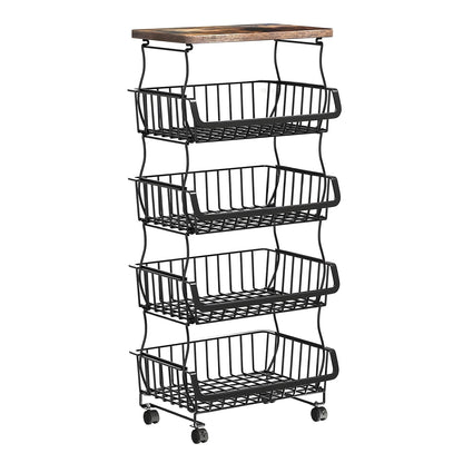 Organizator Bucatarie 5 Nivele Elindor® tip Carucior cu Roti, Ajustabil, Multifunctional, Raft Mobil Organizare Baie, Camara, Birou, Bar, Dulap Metalic pentru Depozitare Legume, Fructe, Detergenti, Parfumuri, 4x Cutie Detasabila, 41 x 29 x 94 cm, Negru