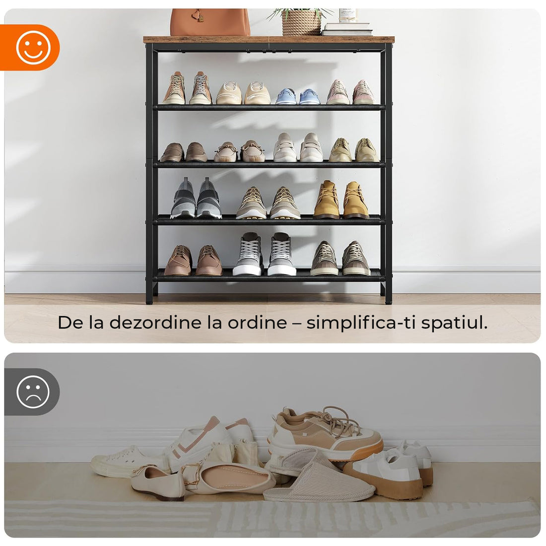 Organizator pentru Pantofi Elindor® Pantofar cu 5 Nivele Mari, Fara Gauri, Suport Metalic si MDF pentru Papuci, Dulap Hol, Dormitor, Economisire Spatiu, Depozitare Incaltaminte, 75 x 30 x 90 cm, Negru/Maro