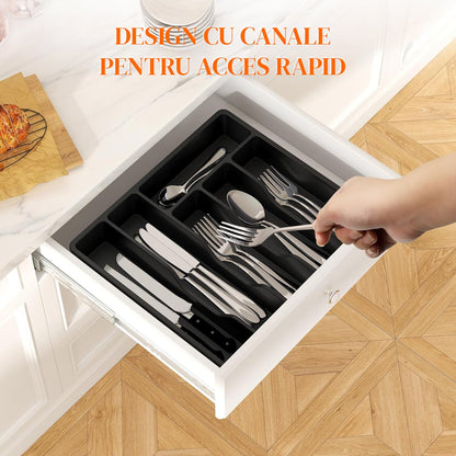 Organizator pentru Tacamuri Negru Elindor® Ustensile de Bucatarie, 6 Compartimente Depozitare, Suport pentru Cutite, Linguri, Furculite, Accesorii Bucatarie, Separator Sertar, 33x30x5.3 cm, PP fara BPA