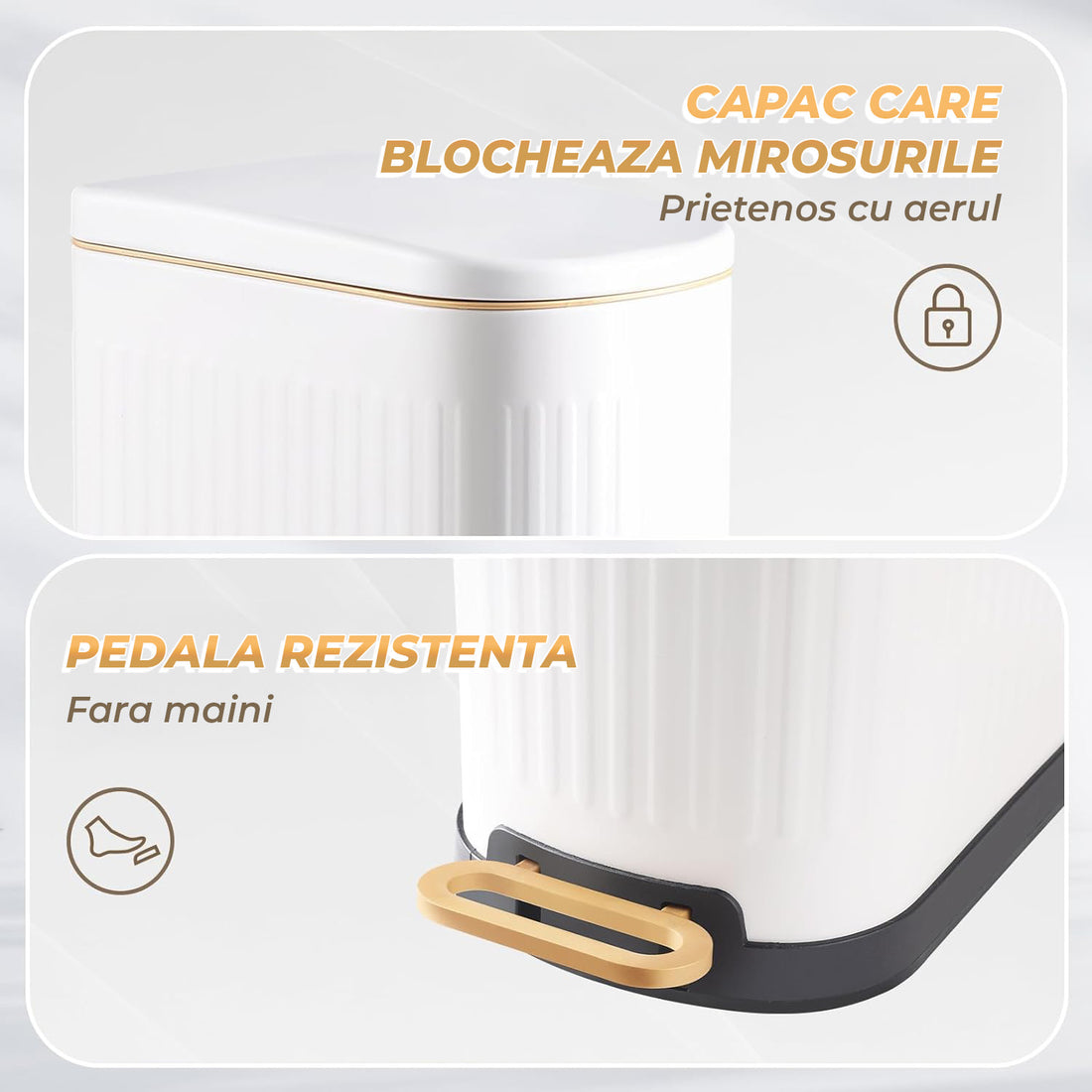 Cos de Gunoi pentru Baie cu Pedala Elindor® Metalic 13 L, Incorporabil, Functie Soft-Close, Capac Anti-Miros, Interior din Plastic, Pubela Slim pentru Bucatarie, Birou, Camera, Colectare Hartie Igienica si Deseuri, Design Compact si Modern, 34x17x39 cm, A