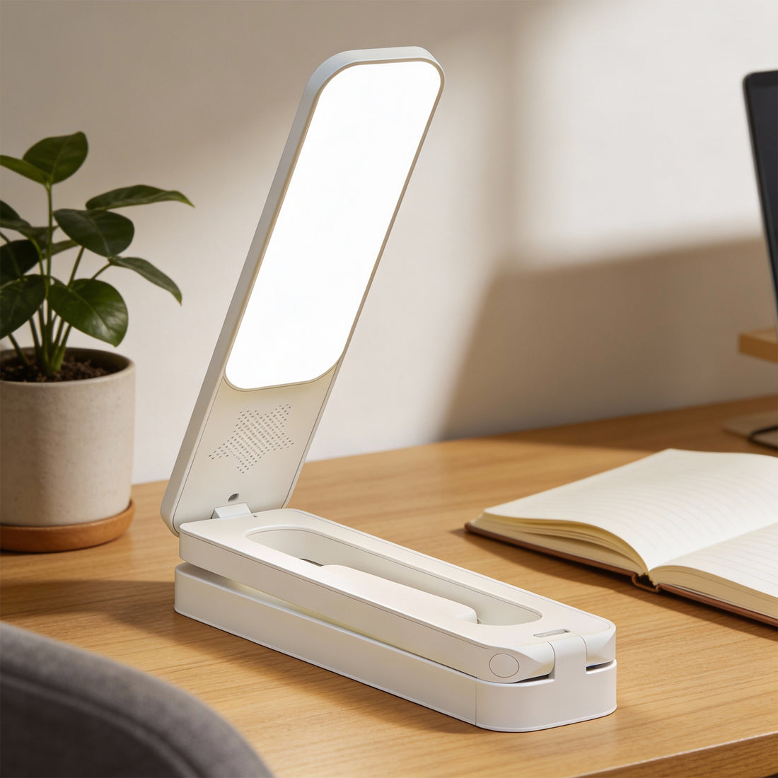 Lampa de Birou Elindor® Alba cu LED Integrat, Incarcare USB si cu Acumulator, 3 Moduri Lumina Camera Rece/Cald, Comanda prin Buton, Veioza Pliabila cu Brat Reglabil, Compacta si Portabila, pentru Birou, Dormitor, Hol, Living, 21 × 42 × 5 cm