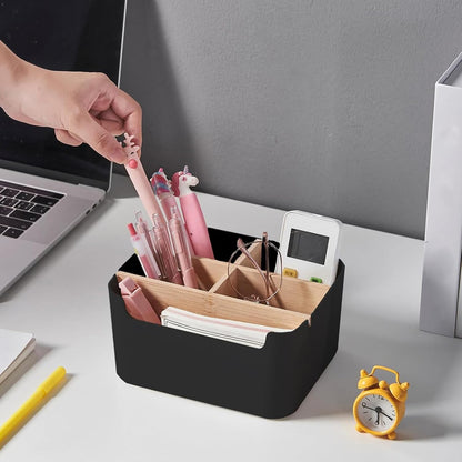 Cutie de Depozitare Elindor® din Bambus, cu 5 Compartimente Detasabile, Organizator de Birou, Potrivit si pentru Baie, Living, Bucatarie, pentru Creioane, Hartii, Rechizite, Pixuri, Suport Multufunctional, 18 x 14.8 x 10 cm, Negru