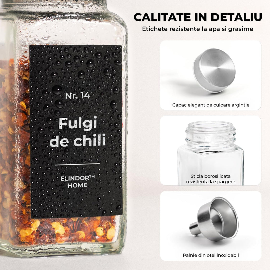 Set 24 Recipiente Condimente Elindor® din Sticla cu Capac din Inox, cu Sita, Organizator Bucatarie, Organizatoare Sertar, Borcane 120 ml, 2 Tipuri de Etichete si Palnie Metalica Accesorii Depozitare, Transparent