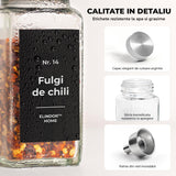 Set 24 Recipiente Condimente Elindor® din Sticla cu Capac din Inox, cu Sita, Organizator Bucatarie, Organizatoare Sertar, Borcane 120 ml, 2 Tipuri de Etichete si Palnie Metalica Accesorii Depozitare, Transparent