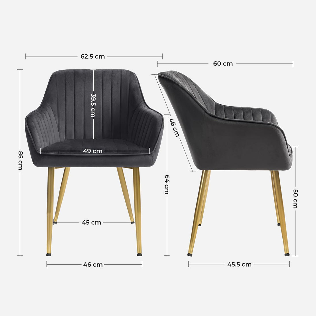 Set 2 Scaune Elindor® Ergonomice, Design Contemporan, Scaun cu Spatar si cu Manere, din Catifea cu Picioare Metalice Aurii, Potrivite pentru Living, Bucatarie, Birou, Dormitor, Latime Sezut 49 cm, 55.5 x 43 x 83 cm, Gri