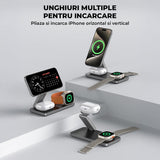 Incarcator Wireless 3 in 1 Portabil Magsafe Elindor®, 15W Qi Fast Charger, Stand Magnetic Pliabil de Birou, Charging Station pentru Apple Watch, AirPods, Telefon Compatibil iPhone, Incarcatoare fara Fir, Statie de Incarcare, Negru